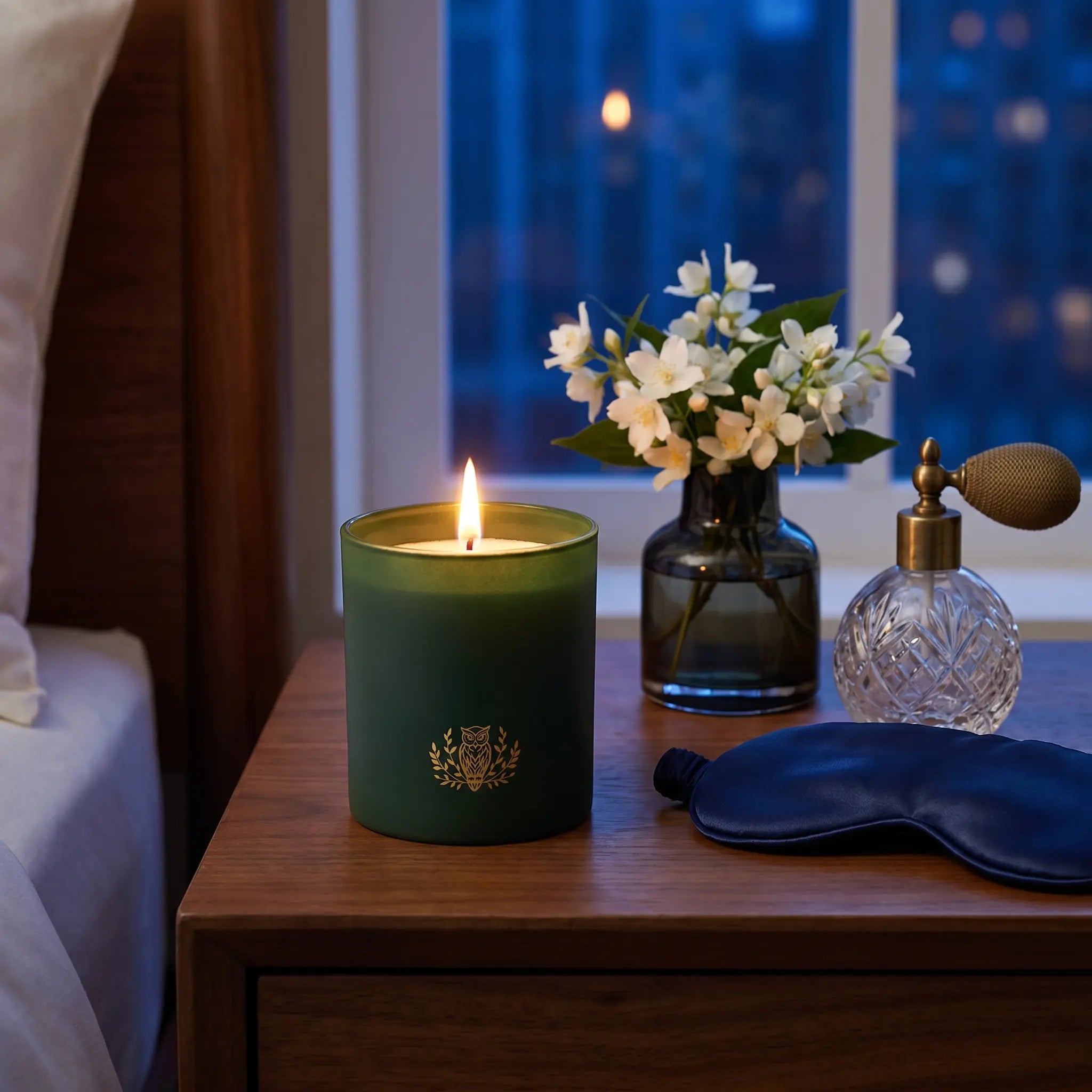 NIOBI Midnight Jasmine Soirée запалена ароматна свещ на нощно шкафче в елегантна спалня с жасмин