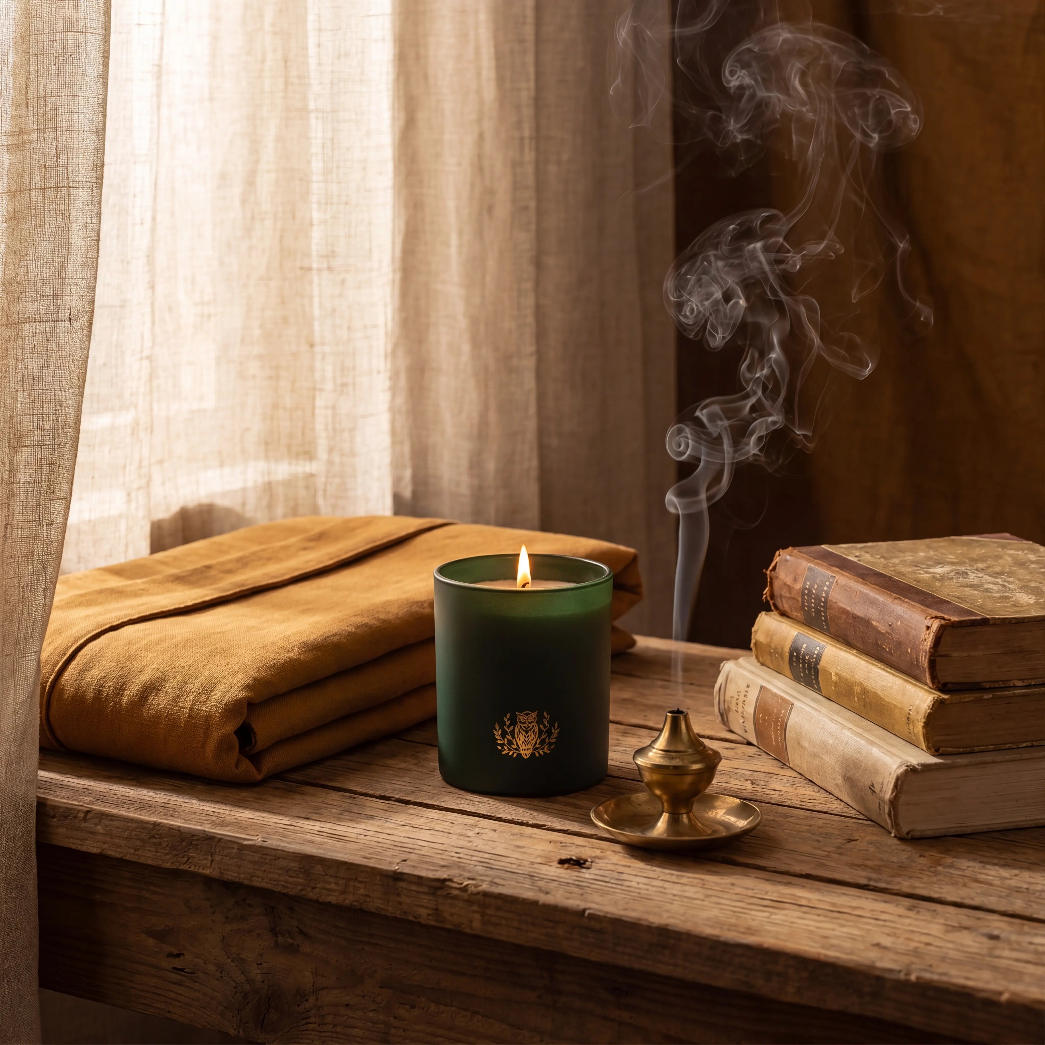 NIOBI Mystic Sandalwood Voyage запалена ароматна свещ в спокоен медитационен кът с тамян