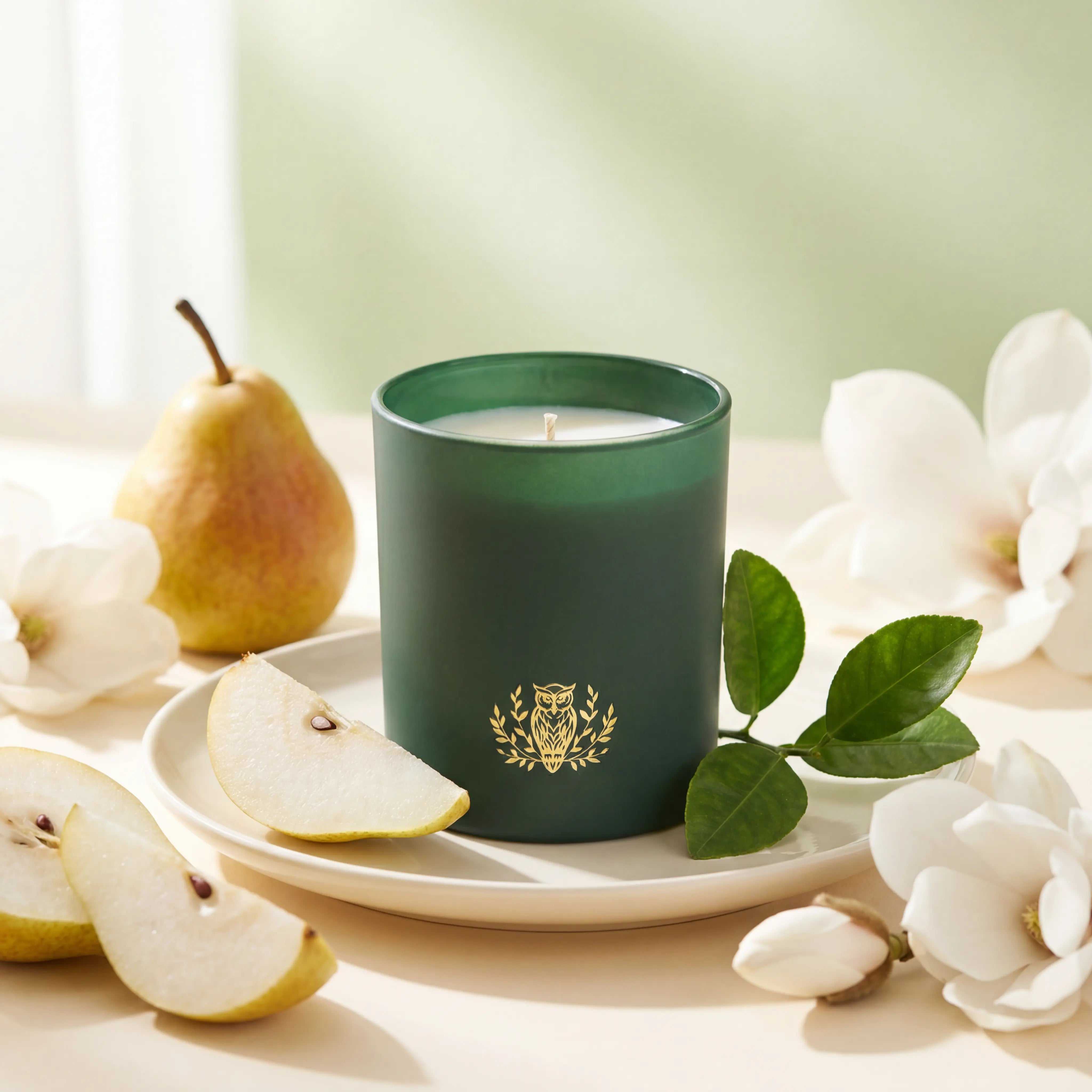 NIOBI Orchard Pear Whimsy ароматна свещ със сочна круша и бели магнолии в свежа сутрешна светлина