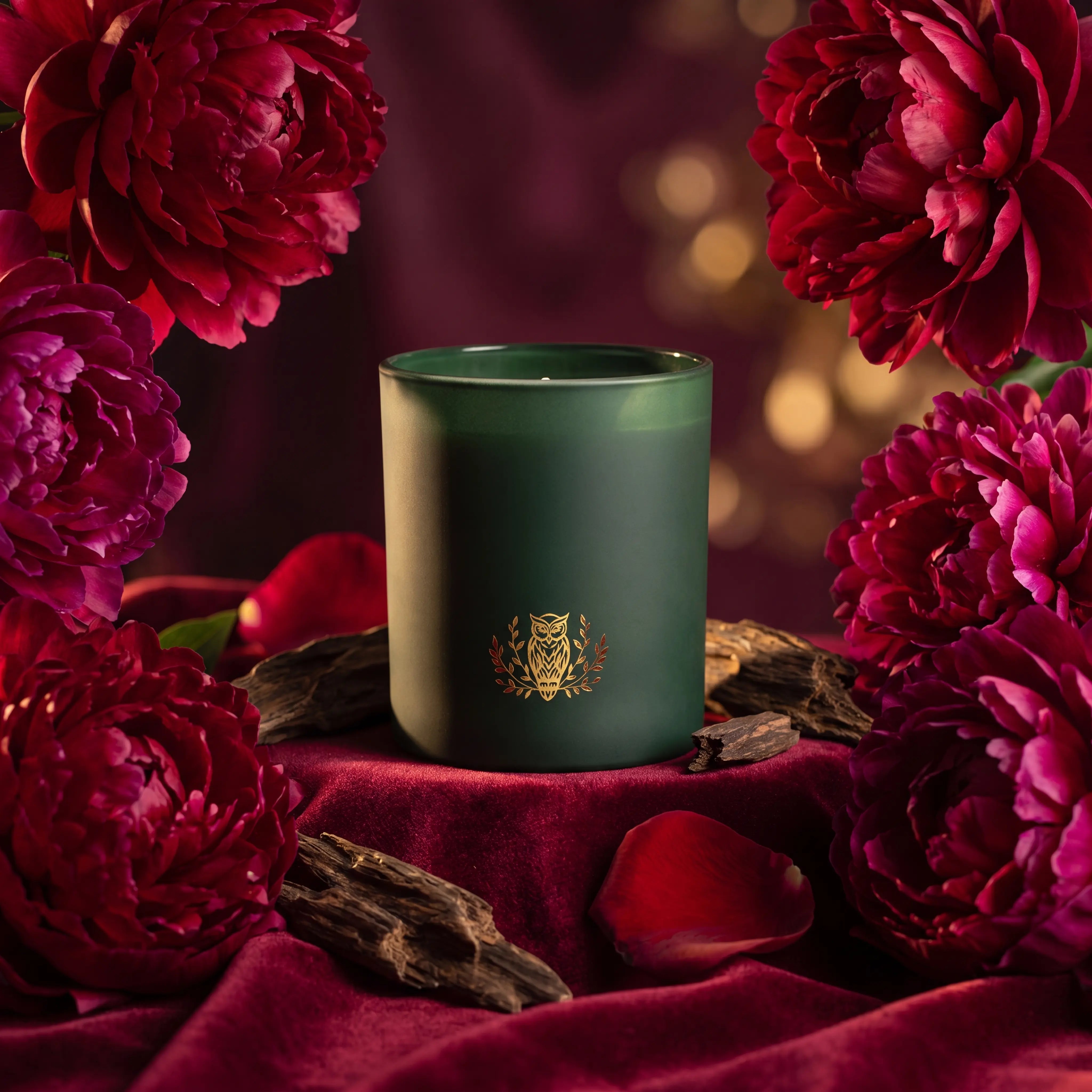 NIOBI Peony & Oud Symphony ароматна свещ с тъмночервени божури и парчета уд дърво върху бордо кадифе