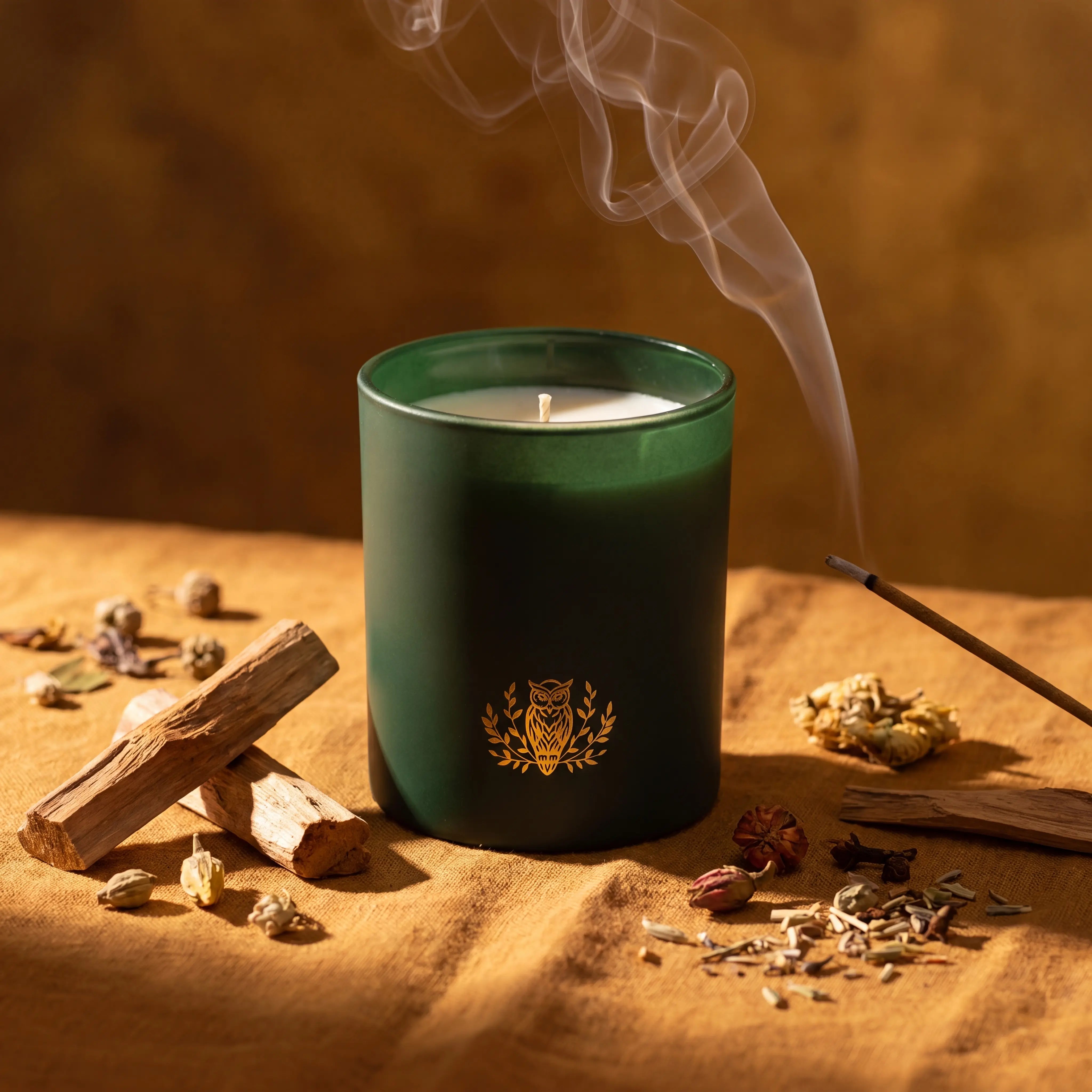 NIOBI Mystic Sandalwood Voyage ароматна свещ със сандалово дърво и тамян в медитативна атмосфера