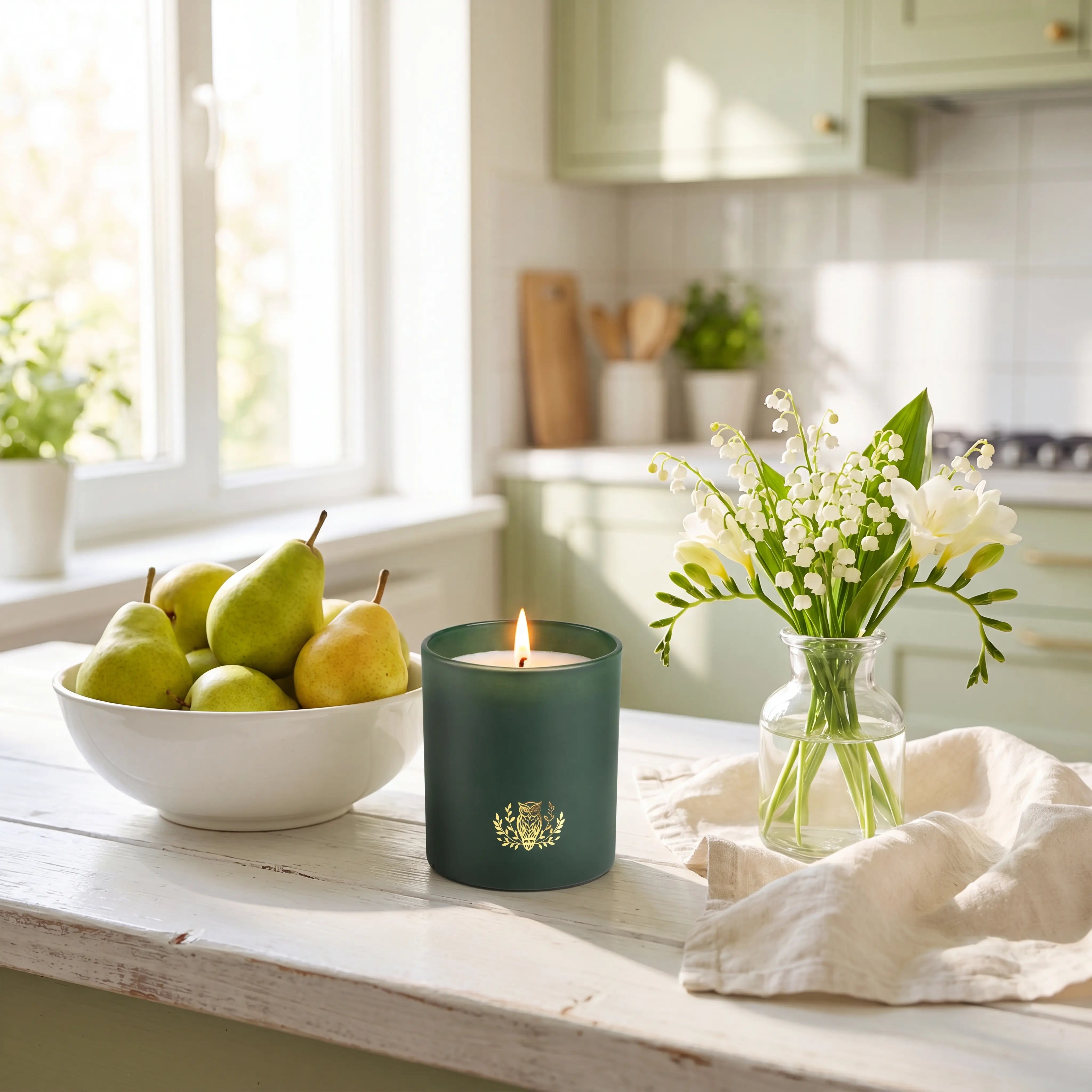 NIOBI Orchard Pear Whimsy запалена ароматна свещ на слънчев перваз в кухня с пресни круши
