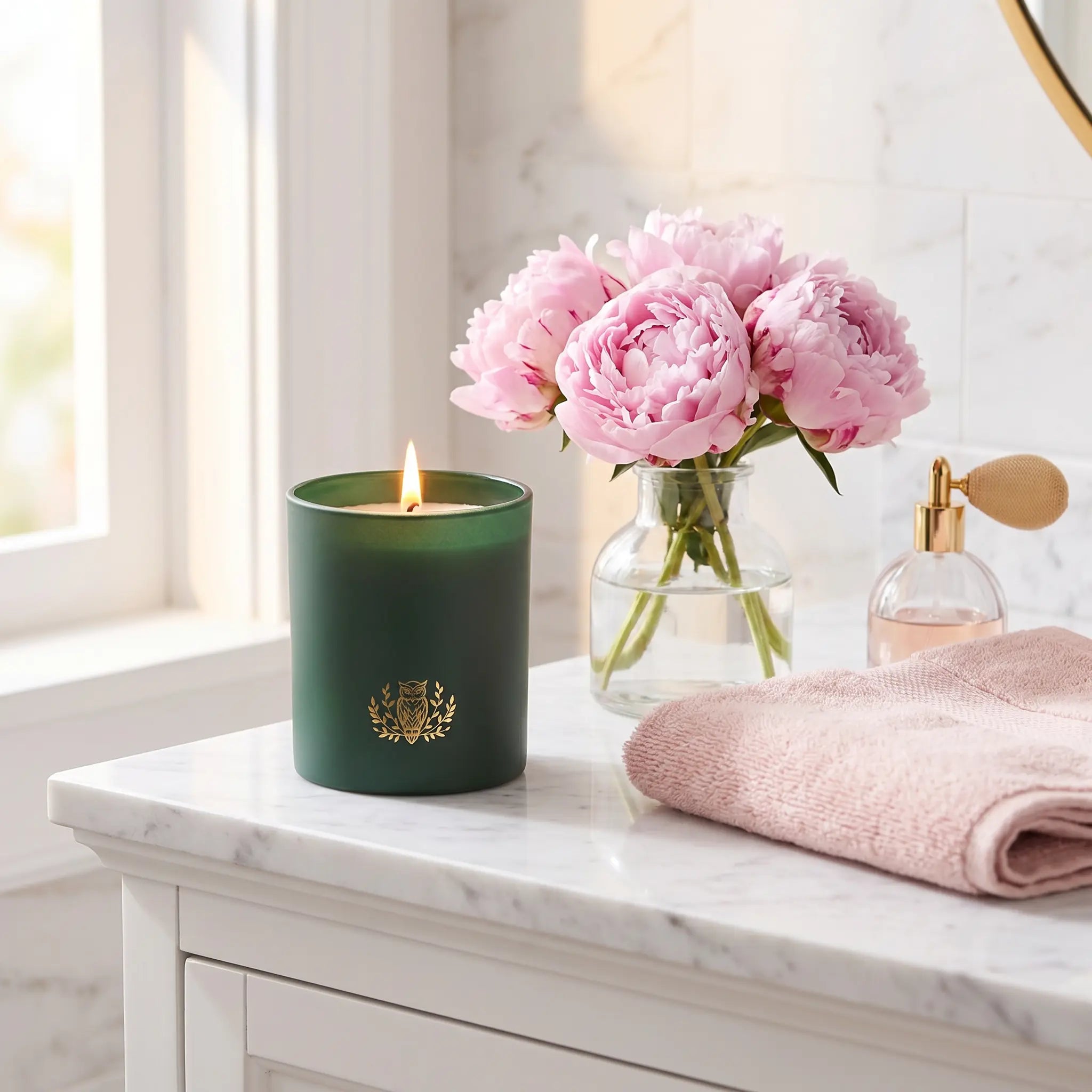 NIOBI Suede Kissed Peonies запалена ароматна свещ в елегантна баня с божури